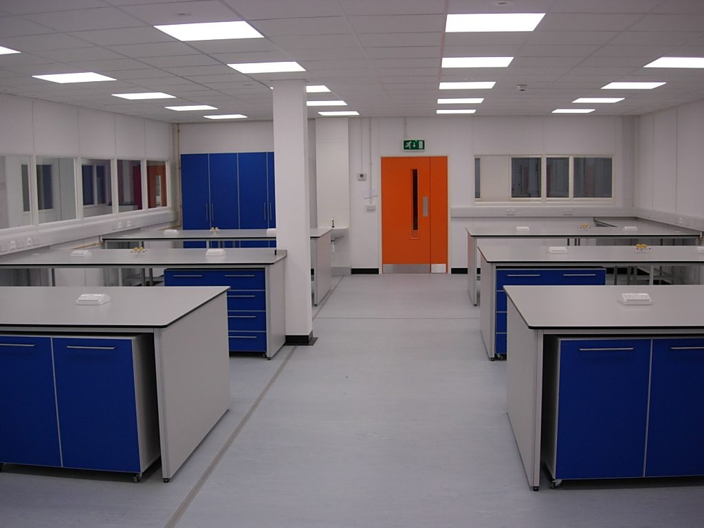 Lab room interior fit out including specialist partitioning and suspended ceiling.